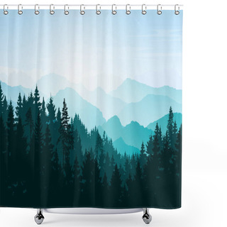 Personality  Winter Mountain  Landscape. Mountains And Coniferous Forest. Tourism And Travelling. Vector Silhouette. Christmas Forest. Natural Background, Banner For Web Page, Internet Site. Shower Curtains