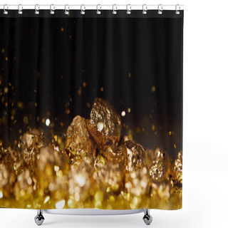 Personality  Selective Focus Of Golden Stones On Sparkling Surface And Black Background Shower Curtains