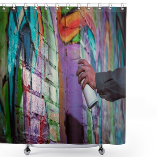 Personality  Cropped View Of Street Artist Painting Graffiti With Aerosol Paint On Wall At Night Shower Curtains
