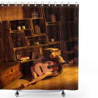 Personality  Woman In Boho Style Playing Guitar  Shower Curtains