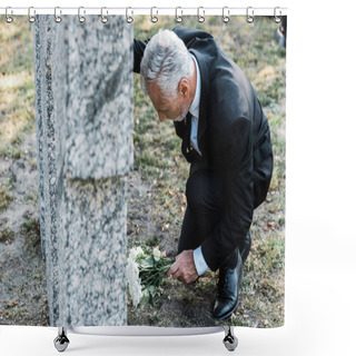 Personality  Selective Focus Of Senior Man Putting White Flowers Near Tomb  Shower Curtains