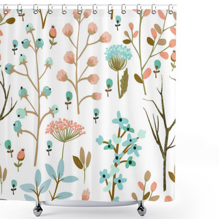 Personality  Vector Illustration Design Of Hand Drawn Flowers And Herbs Seamless Pattern. Decorative Botanical Background Shower Curtains
