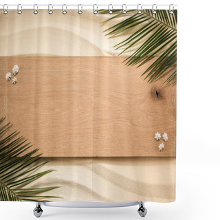 Personality  Top View Of Palm Leaves, Wooden Plank And Seashells On Sandy Surface Shower Curtains