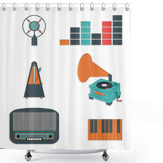 Personality  Music Players And Components Vol 3 Including  Vintage Microphone, Sound And Tune Indicators, Metronome, Piano Keys, Gramophone, Piano Keys , Retro Radio Shower Curtains