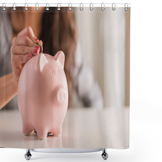 Personality  Woman Putting Coin In Piggy Bank Shower Curtains