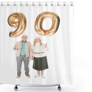 Personality  Cheerful Senior Couple Holding 90 Balloons Isolated On White Shower Curtains