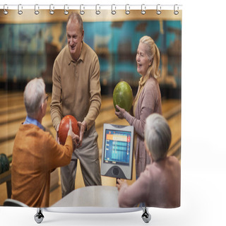 Personality  Group Of Senior People Playing Bowling Together While Enjoying Active Entertainment At Bowling Alley, Copy Space Shower Curtains