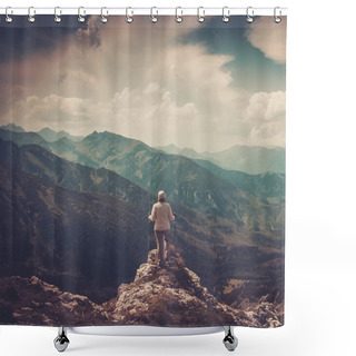 Personality  Woman Hiker On A Top Of A Mountain  Shower Curtains