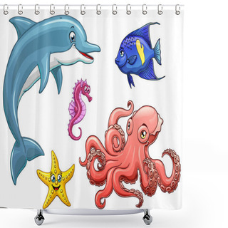 Personality  Set Five Cute Marine Animal Black On White Shower Curtains