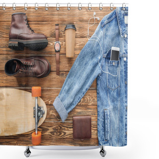 Personality  Flat Lay With Denim Jacket, Boots And Longboard On Wooden Background Shower Curtains