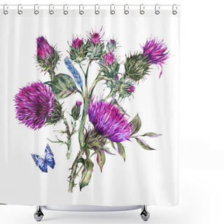 Personality  Watercolor Thistle, Blue Butterflies, Wild Flowers Illustration, Shower Curtains