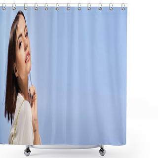 Personality  A Young Woman With Brunette Hair Gazes Up At The Sky In A Studio Setting, Captivated By Its Vastness And Beauty. Shower Curtains