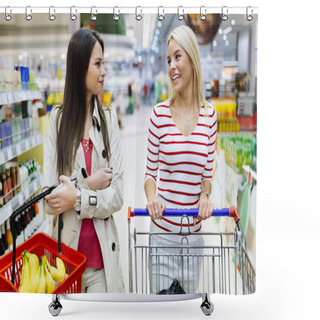 Personality  Two Women Shopping In Supermarket Shower Curtains