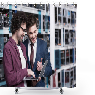 Personality  Happy Young Businessman And Computer Engineer Working Together At Ethereum Mining Farm Shower Curtains