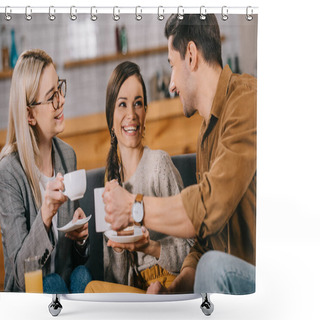 Personality  Cheerful Friends Chatting While Holding Cups In Cafe Shower Curtains