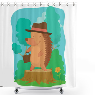Personality  Card, Cute Brown Hedgehog With A Briefcase Shower Curtains