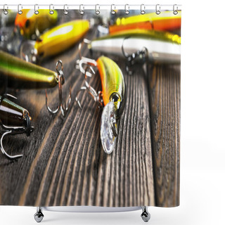Personality  Fishing Tackle Background. Fishing Tackles And Wobbler On Wooden Board. Fishing Hooks, Lures And Baits. Fishing Gear On A Dark Table Shower Curtains
