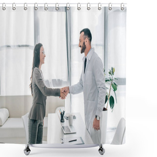 Personality  Side View Of Smiling Patient And Doctor Shaking Hands In Clinic Shower Curtains