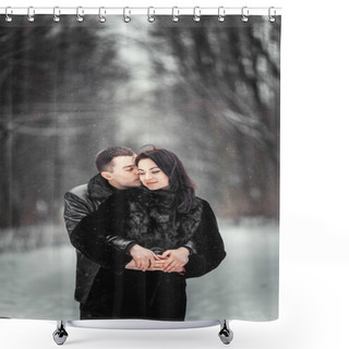 Personality  Couple In Love Kissing In The Winter Forest Shower Curtains