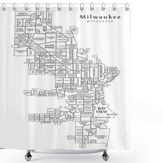 Personality  Modern City Map - Milwaukee Wisconsin City Of The USA With Neighborhoods And Titles Outline Map Shower Curtains