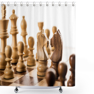 Personality  Selective Focus Of Chess Pieces On Chessboard Isolated On White Shower Curtains