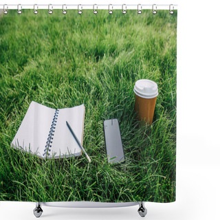 Personality  Notebook And Digital Device On Grass  Shower Curtains