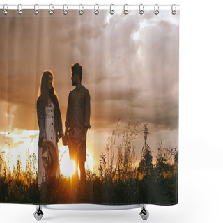 Personality  Silhouette Of Couple Holding Hands On Meadow At Sunset Shower Curtains