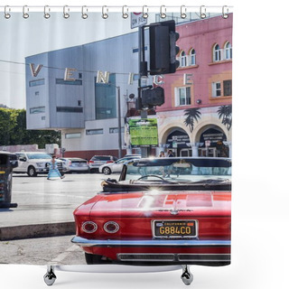 Personality  LOS ANGELES, UNITED STATES - Jul 09, 2019: Beautiful Sunny Photo Of California's City Venice With Old School Convertible Red Car And Colourful Building In The Background. Shower Curtains