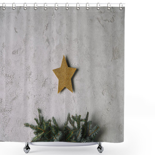 Personality  Christmas Golden Star Hanging On Grey Wall Above Christmas Tree In Room Shower Curtains