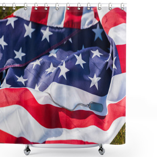 Personality  Military Badge On Chain Near American Flag With Stars And Stripes  Shower Curtains