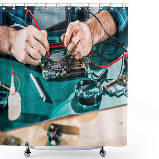 Personality  Close-up View Of Male Engineer Working With Circuit Board And Multimeter Shower Curtains