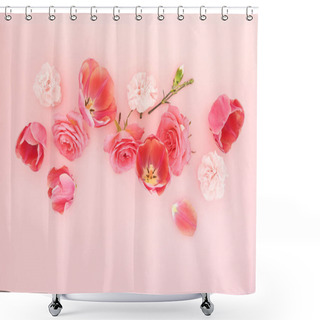 Personality  Top View Of Blooming Spring Flowers On Pink Background Shower Curtains