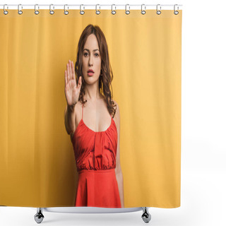 Personality  Serious Young Woman Looking At Camera And Showing Stop Gesture On Yellow Background Shower Curtains