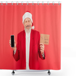 Personality  Positive Mature Man In Santa Hat Holding Envelope With Lettering And Smartphone Isolated On Red Shower Curtains