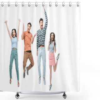 Personality  Surprised Beautiful Friends Jumping With Triumph, Isolated On White Shower Curtains