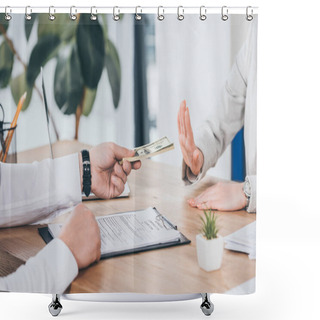 Personality  Cropped View Of Businessman Giving Money While Woman Refusing, Compensation Concept Shower Curtains