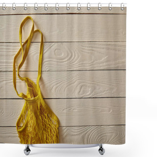 Personality  Top View Of Empty Yellow String Bag On White Wooden Surface, Zero Waste Concept Shower Curtains
