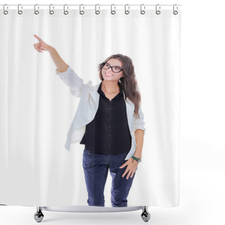 Personality  Business Woman Point Finger At You Looking At Camera. Isolated On White Background. Business Woman Shower Curtains