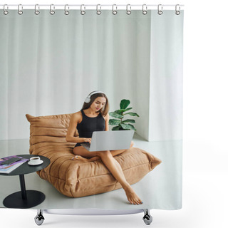 Personality  Pretty Freelancer In Wireless Headphones Using Laptop And Sitting On Bean Bag Chair, Young Woman Shower Curtains