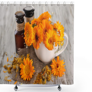 Personality  Medicine Bottles And Calendula Flowers On Wooden Background Shower Curtains