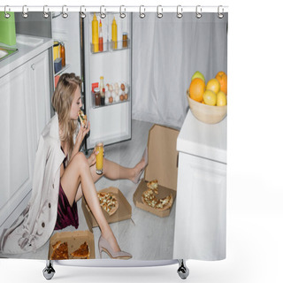 Personality  Young Woman In Trench Coat Eating Pizza And Holding Orange Juice While Sitting Near Opened Refrigerator Shower Curtains
