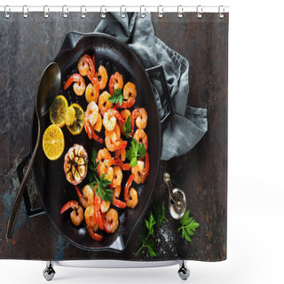 Personality  Prawns Roasted On Grill Frying Pan With Lemon And Garlic. Grilled Shrimps, Prawns. Seafood. Top View. Dark Background Shower Curtains