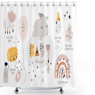 Personality  Baby Shower Collection With Vector Cartoon Doodle Elements For The Design: Baby Animal, Hippopotamus, Rainbow, Gift, Balloon, Clouds, Baby Bottle. Little Hippo Sleep On The Cloud. Shower Curtains