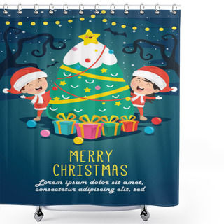 Personality  Christmas Greeting Card Design With Cartoon Characters Shower Curtains