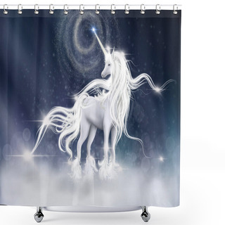 Personality   Illustration Of  Unicorn With Sky Galaxy Fantasy Background In Blue Color. Digital CG Painting Of Fantasy Horse With Lightning Strike,  Bed Time Story Fairy Tale Concept Shower Curtains