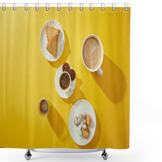 Personality  Top View Of Coffee With Delicious Cookies On Yellow Background Shower Curtains