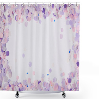 Personality  Top View Of Frame Of Violet Confetti Pieces On White Surface Shower Curtains