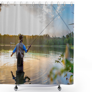 Personality  Young Man Flyfishing At Sunrise Shower Curtains