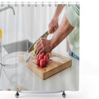 Personality  Cropped View Of Man Cutting Lettuce Near Cherry Tomatoes In Kitchen Shower Curtains