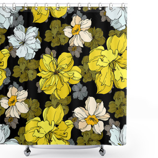 Personality  Vector Narcissus Floral Botanical Flowers. Black And White Engraved Ink Art. Seamless Background Pattern. Shower Curtains